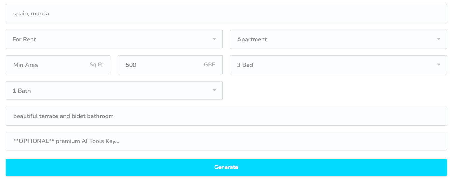 AI Property descriptions generator form filled in.